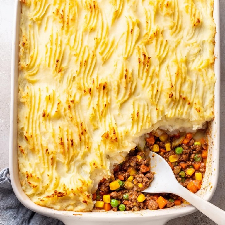 Rustic Shepherd’s Pie served in a dish, steam rising from golden mashed potatoes and a savory beef filling with carrots and peas.