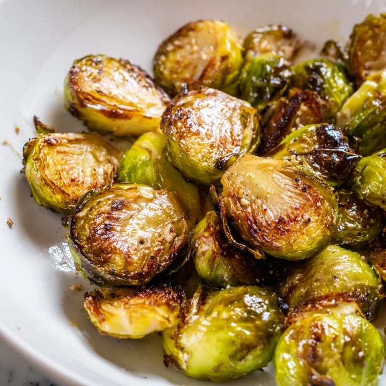 A close-up of perfectly Roasted Brussels Sprouts showing tender green centers and crunchy browned outer layers, served as a healthy vegetarian side dish.
