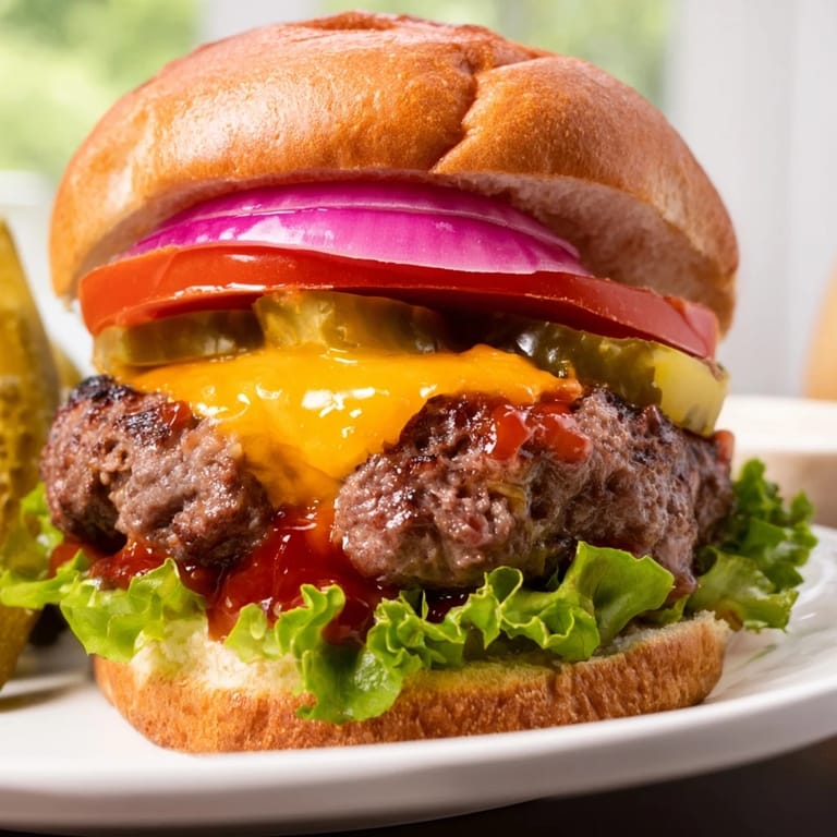 Sizzling Hamburgers being assembled with fresh condiments on a plate for an American family meal.