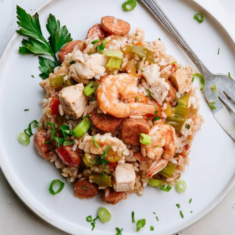 One-pot Jambalaya bubbling with Cajun spices, diced tomatoes, and vibrant bell peppers, ready to serve with hot sauce.