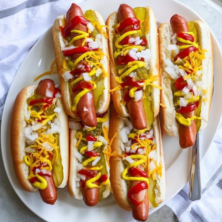 Soft buns cradle classic American hot dogs loaded with colorful relish, mustard, ketchup, and chopped white onions for a cookout.