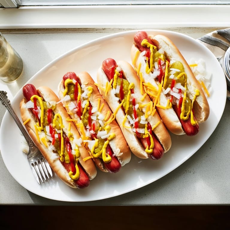 Stacked hot dogs in warm buns with mustard, ketchup, relish, onions, and optional cheddar cheese, ready for a backyard barbecue.
