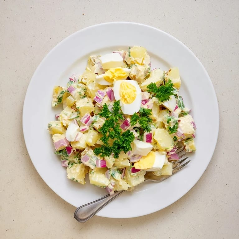 Classic homemade potato salad with tender potatoes and diced hard-boiled eggs, perfect for picnics and potluck side dishes.