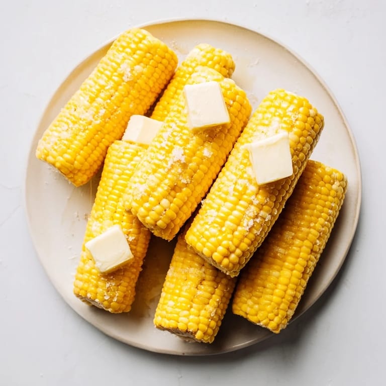 Freshly boiled sweet corn on the cob, dripping with melted butter and a dash of sea salt, ready to eat at a summer picnic.