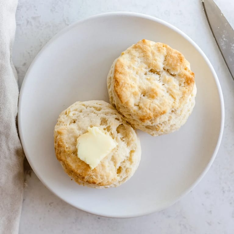 Warm Buttermilk Biscuits are split open and slathered with melting butter, perfect for a cozy Southern-inspired breakfast.