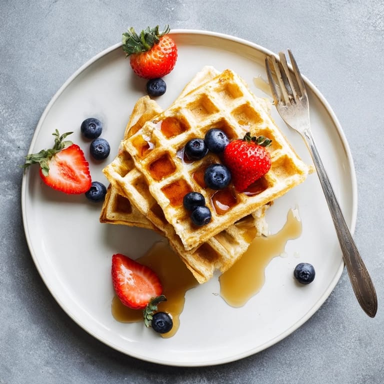 A close-up of warm Waffles drizzled with syrup and powdered sugar, served on a rustic plate for a cozy brunch.