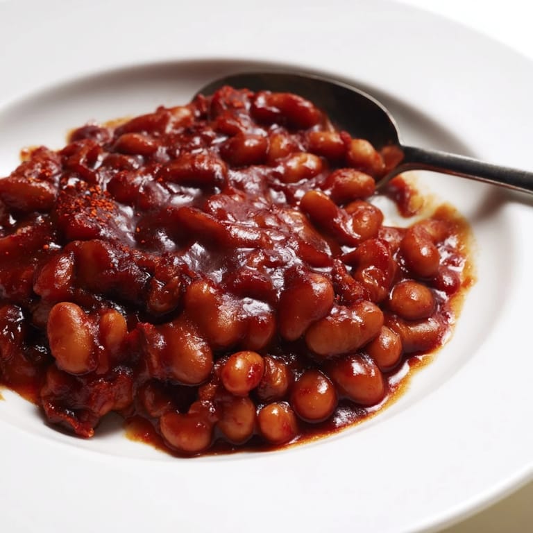 Spoon-ready baked beans alongside grilled sausages on a classic American plate.