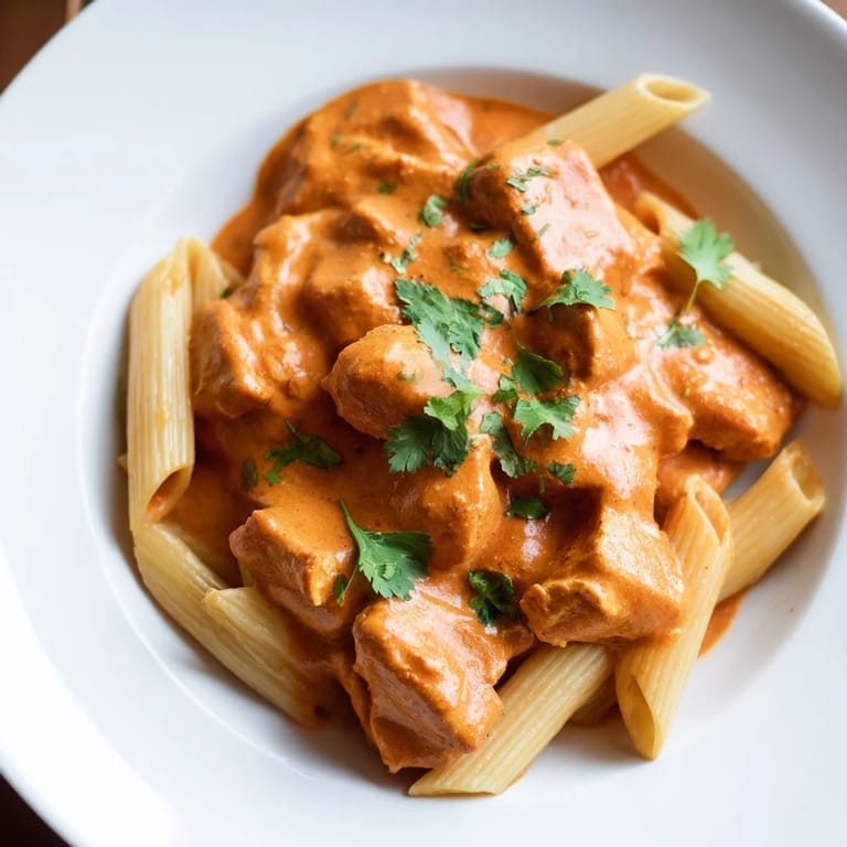 Savory Chicken Tikka Pasta served steaming hot, combining aromatic Indian spices with Italian pasta for a colorful, satisfying main dish.