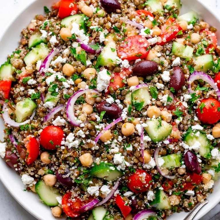 A hearty Greek Power Salad with Mediterranean ingredients, perfect for a nutritious vegetarian meal or light dinner.