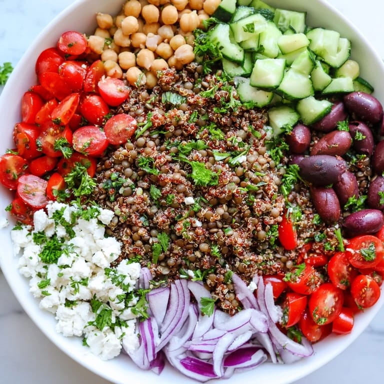 Overhead view of Greek Power Salad featuring chickpeas, feta crumbles, olives, and chopped parsley for a fresh lunch.