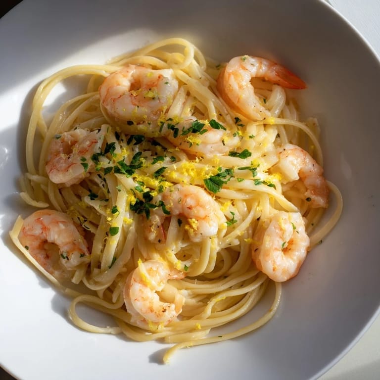 A close-up of Garlic Butter Shrimp Linguine reveals sautéed garlic, buttery sauce, and freshly chopped parsley over steaming pasta.
