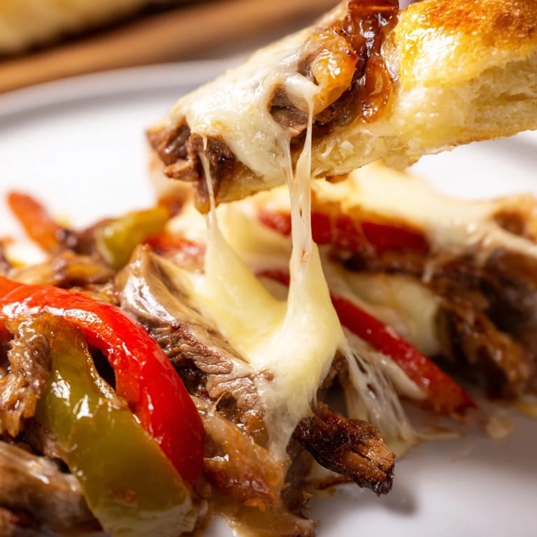 A close-up of Philly cheesesteak grilled cheese, showcasing juicy beef, peppers, and onions on buttery sourdough.