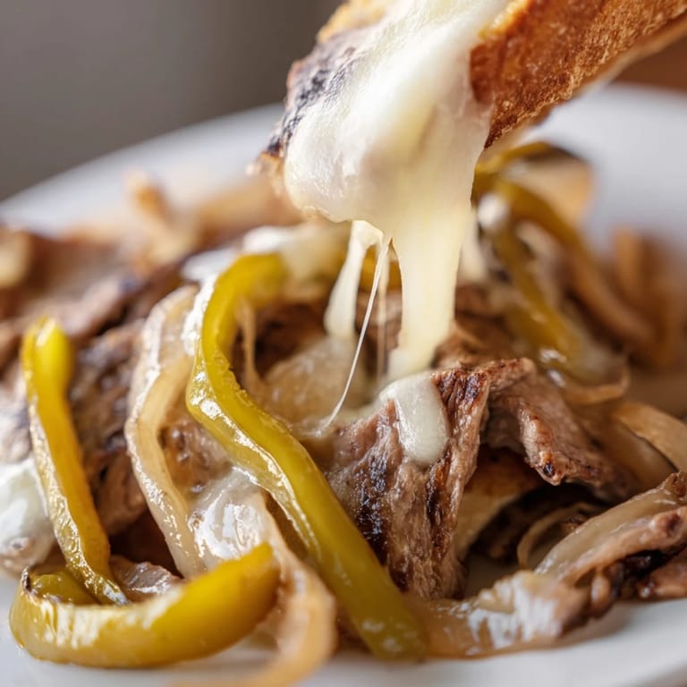 Serving suggestion for Philly cheesesteak grilled cheese, cut diagonally to reveal the gooey, melted provolone interior.