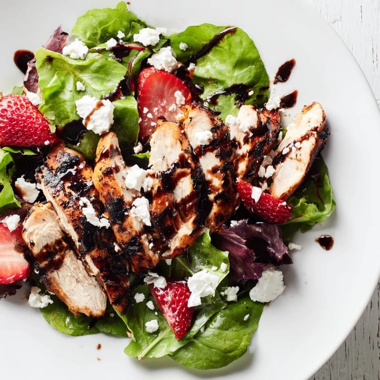 Honey Balsamic Chicken Salad on a white plate, featuring tender grilled chicken, crumbled goat cheese, and fresh greens.