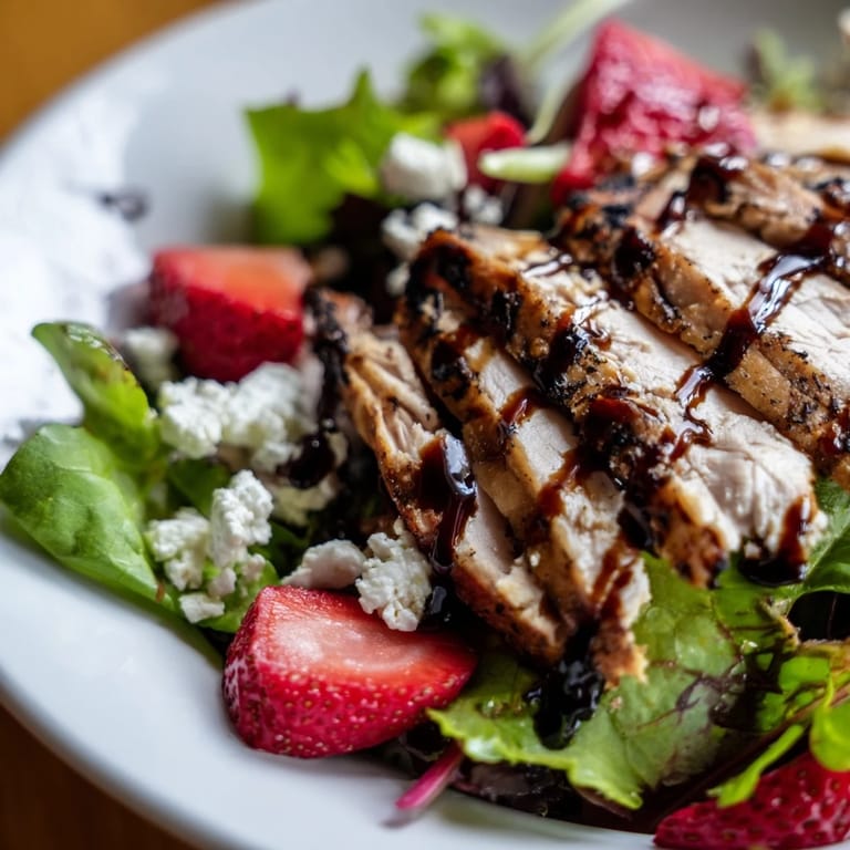 A vibrant Honey Balsamic Chicken Salad with glistening glaze, sliced strawberries, and toasted pecans on a bed of greens.  