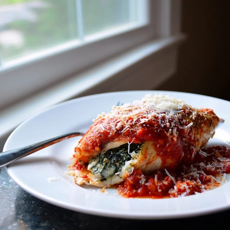 A close-up of Spinach Ricotta Stuffed Chicken, showcasing the melted cheese filling and vibrant green spinach peeking out from tender, golden-brown chicken.