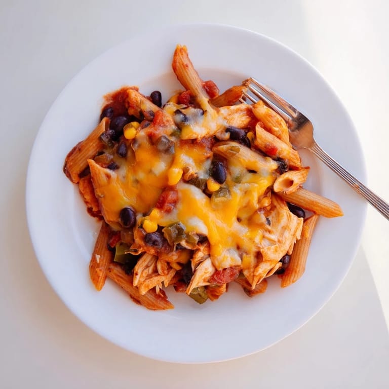 Sizzling Chicken Enchilada Pasta in a bowl, featuring penne, diced bell peppers, and spicy red enchilada sauce.