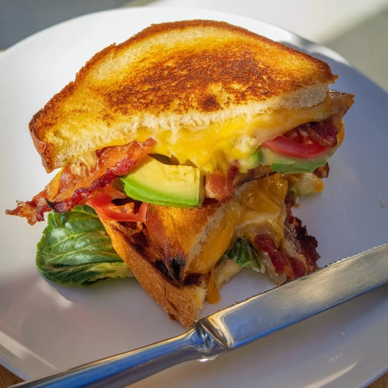 A warm Avocado BLT Grilled Cheese oozing with melted cheese and layered with crispy bacon, juicy tomato, and fresh avocado greens.