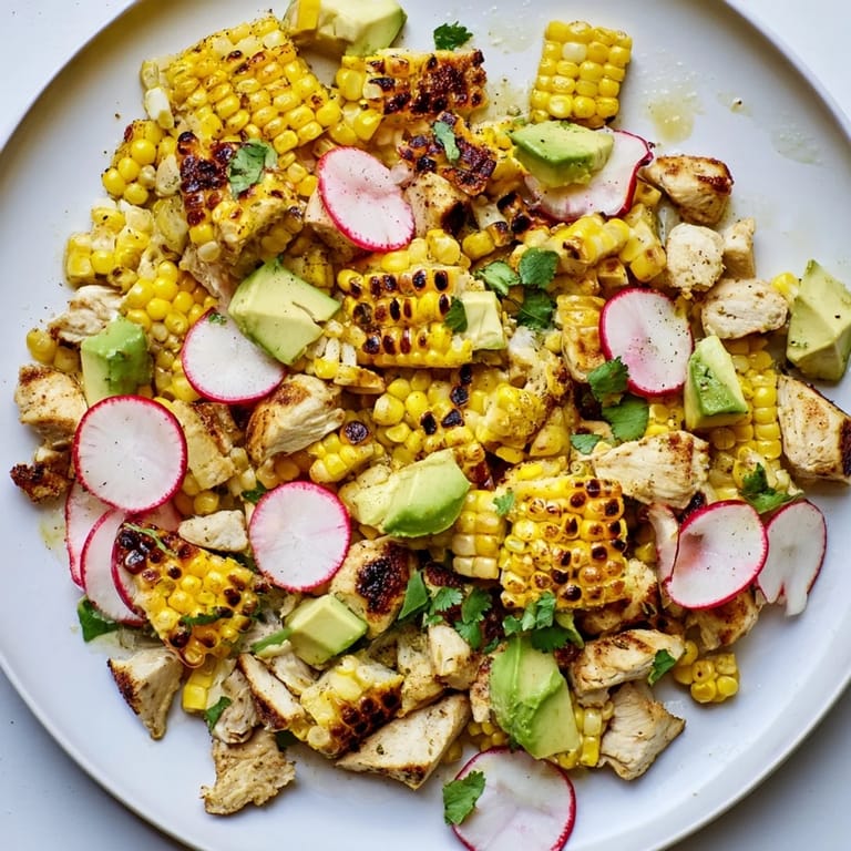 Freshly tossed Roasted Corn & Chicken Chopped Salad with juicy grilled chicken, charred corn, diced avocado, cherry tomatoes, and radishes on chilled romaine.