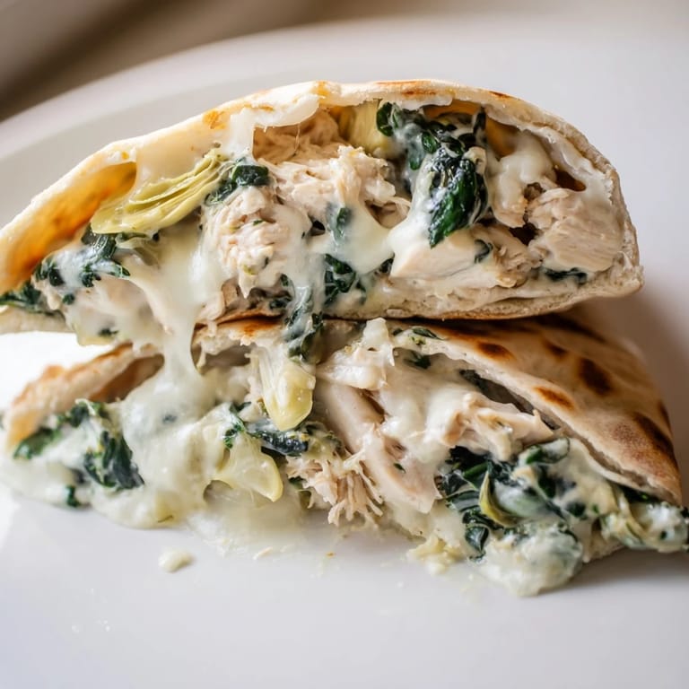 Warm Spinach Artichoke Chicken Stuffed Pita, with creamy filling peeking out of fluffy pita pockets.