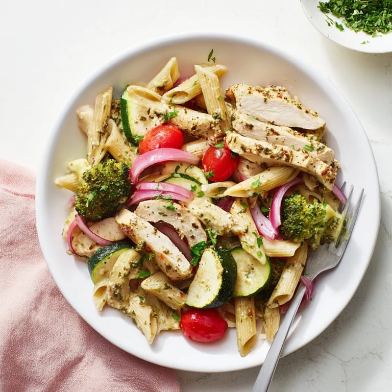 Sizzling Garlic Herb Chicken & Veg Pasta served with Parmesan and lemon zest, perfect for an easy dinner.