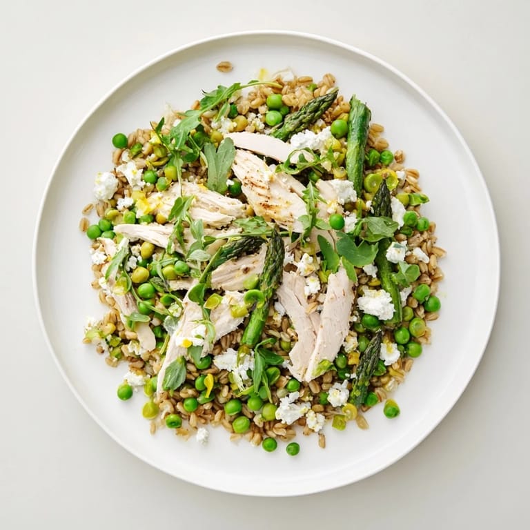 A bowl of Warm Spring Farro Chicken Salad topped with crumbled feta and fresh herbs, served warm as a wholesome main dish.