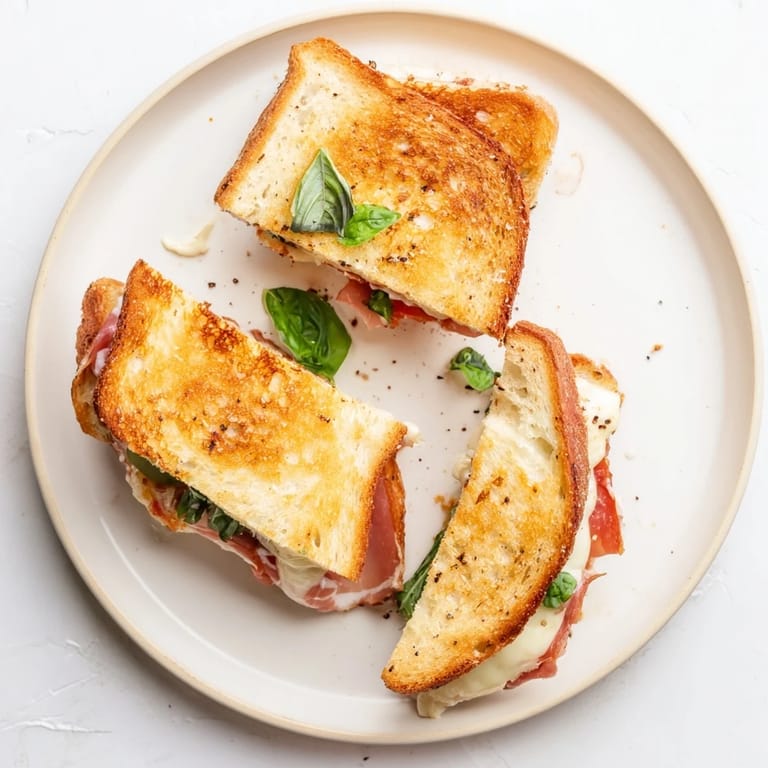 A close-up of the crispy prosciutto and burrata grilled cheese, highlighting the gooey cheese pull and fresh basil.