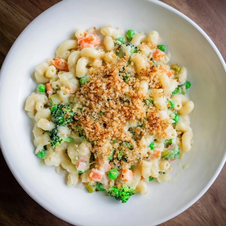 A spoon lifts a portion of Garden Veg Mac and Cheese, steam rising, with shredded mozzarella and Parmesan stretching from the bowl.