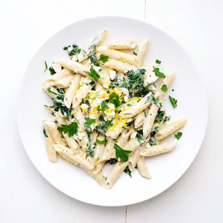 Spoonfuls of Creamy Feta Spinach Pasta reveal tender spinach and crumbled feta in a glossy, tangy sauce, ready to serve with crusty bread.