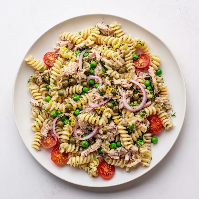 A close-up of Lemony Tuna Pasta Salad featuring fusilli, tuna, red onion, and peas glistening with olive oil.