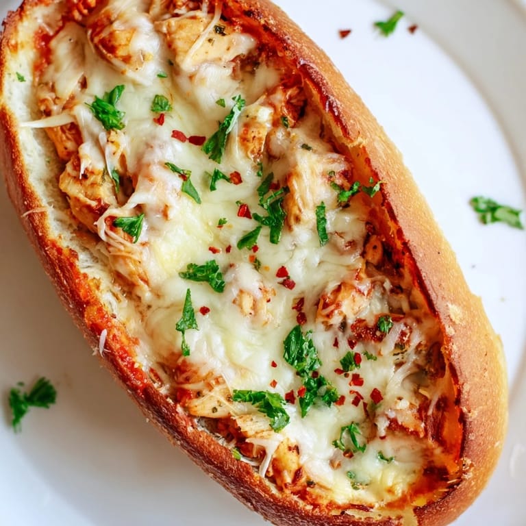 Tender chicken marinara filling spills from crusty garlic bread, served hot as a shareable appetizer.
