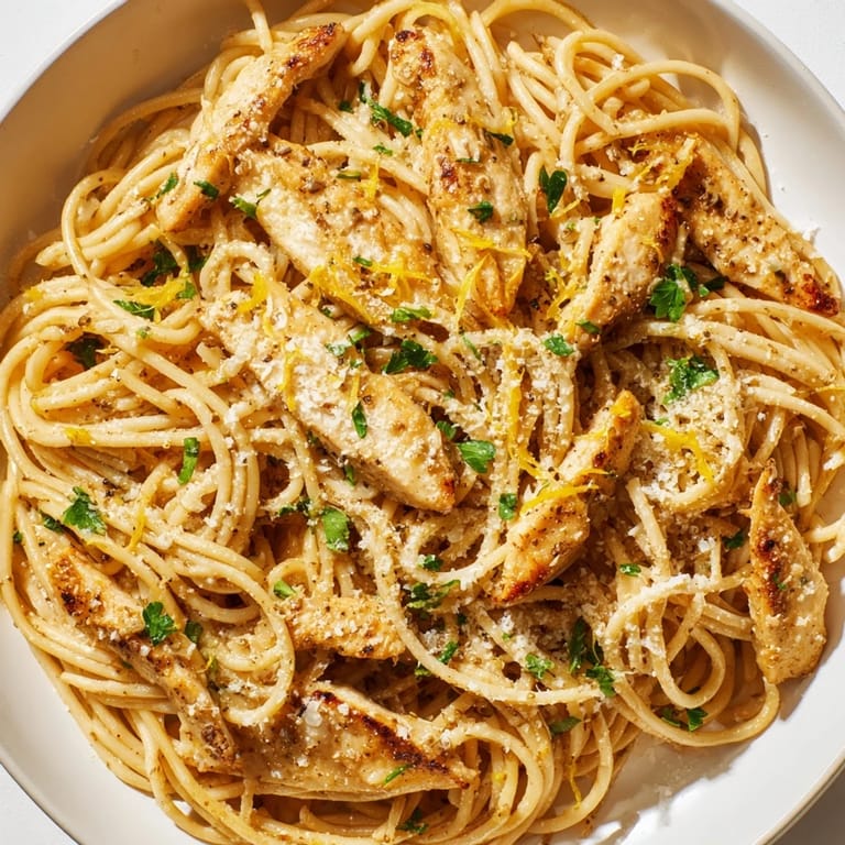 A rustic skillet of Brown Butter Lemon Chicken Pasta, garnished with fresh parsley and served with extra lemon wedges.