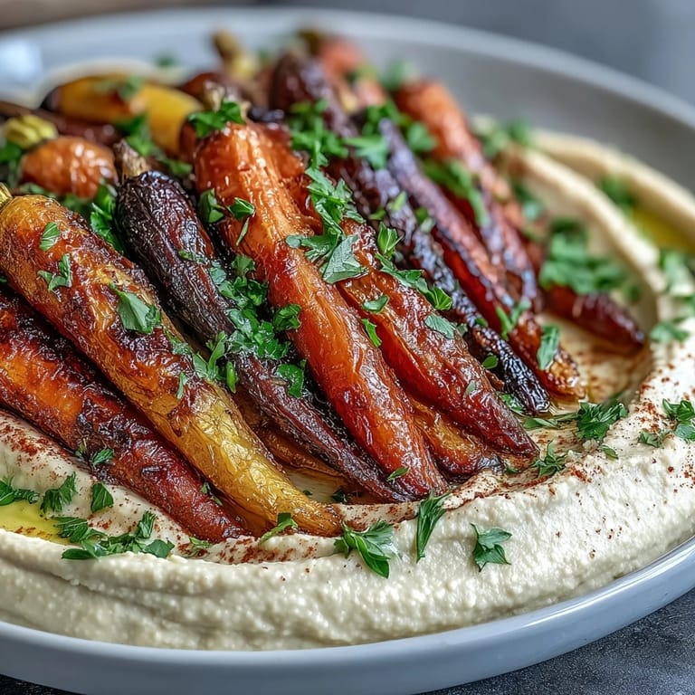 Colorful rainbow carrots with fluffy hummus, perfect for healthy Mediterranean snacking.