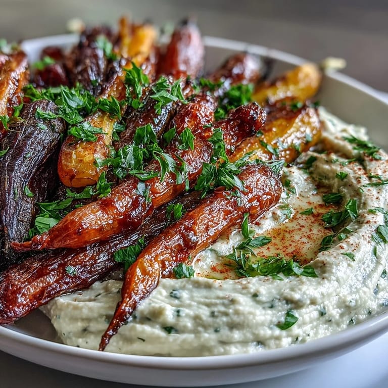 Taste tender, caramelized rainbow carrots alongside rich, homemade tahini hummus.