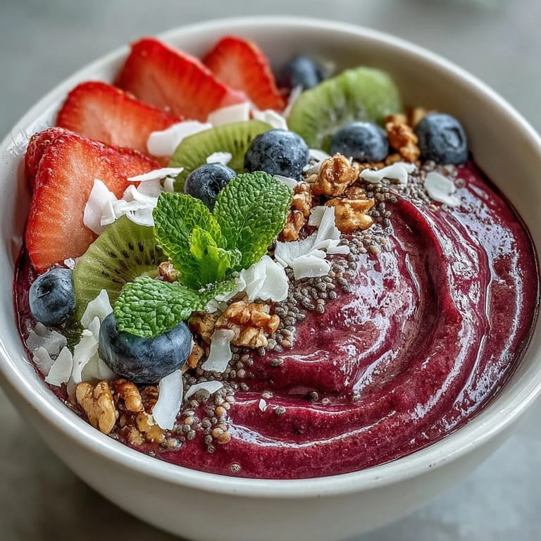 A colorful Beet and Berry Smoothie Bowl, perfect for a healthy, energizing breakfast.