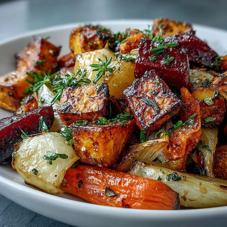 Tender, caramelized roasted root vegetable medley with savory herbs and garlic.