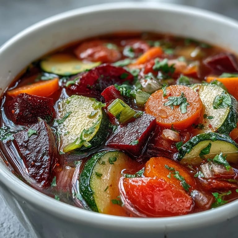 Savory steaming pot of Rainbow Vegetable Detox Soup featuring chunky tomatoes, green peppers, and golden turmeric spices ready to serve.