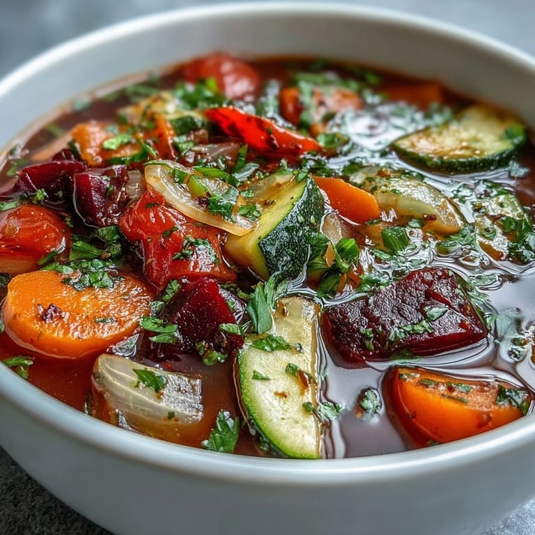 Healthy ladle lifting hearty Rainbow Vegetable Detox Soup, revealing colorful beetroot pieces and wilted spinach in a savory vegetable broth.