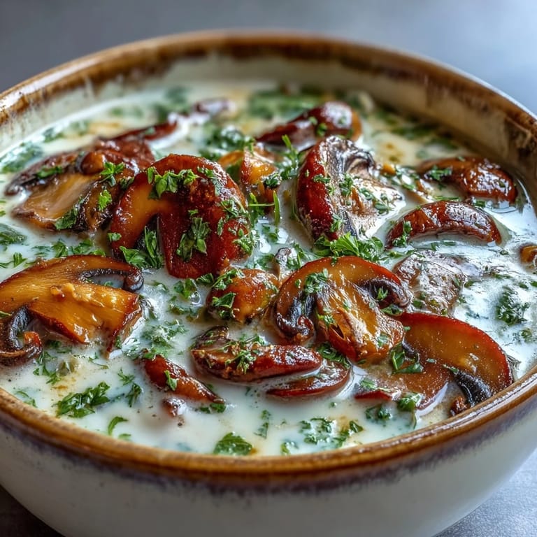 A rich bowl of Creamy Mushroom Stroganoff Soup paired with crusty artisan bread for dipping, showcasing golden mushrooms and a lush, velvety texture.