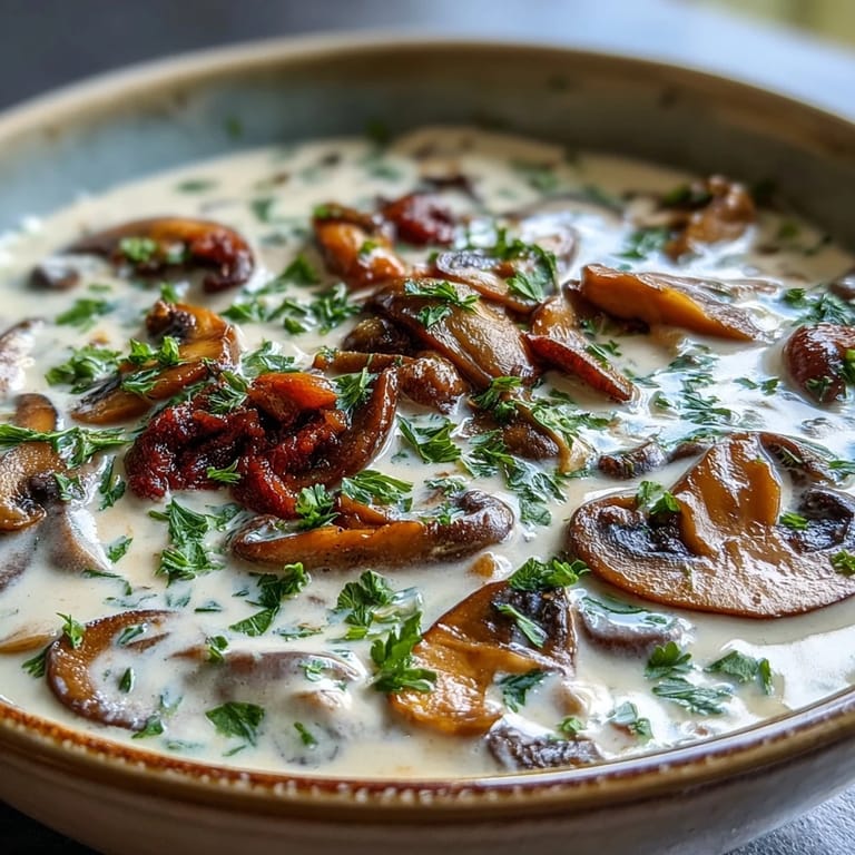 Overhead view of Creamy Mushroom Stroganoff Soup garnished with fresh parsley and thyme, highlighting the hearty, savory vegetarian ingredients in a ceramic bowl.