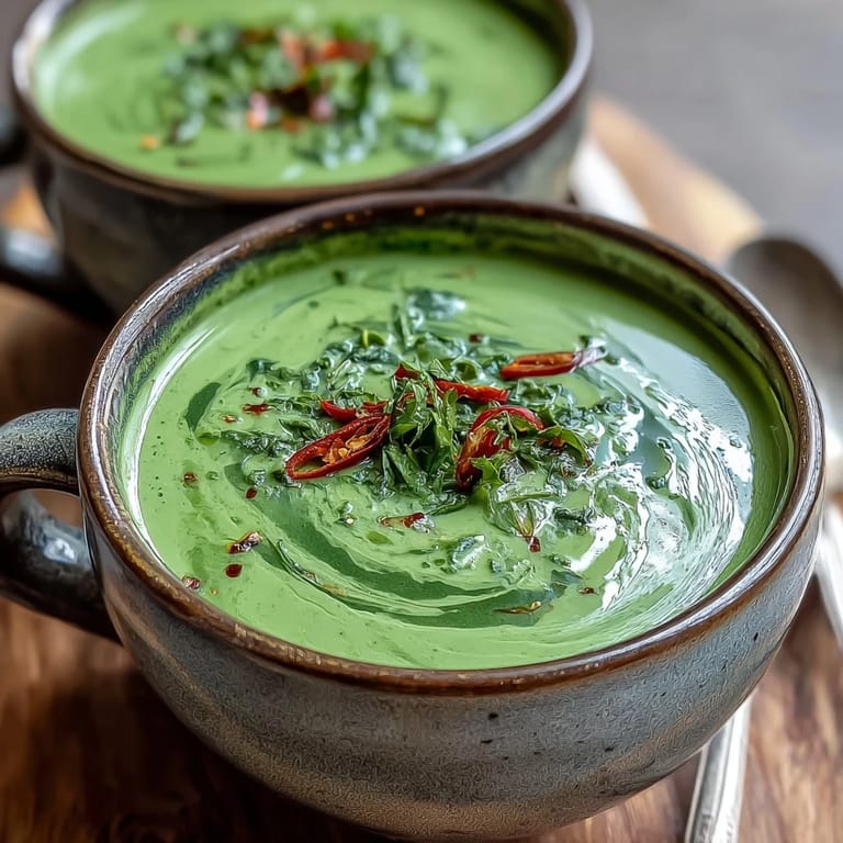 Vibrant green spinach coriander lemongrass soup ladle into a bowl, steam rising.