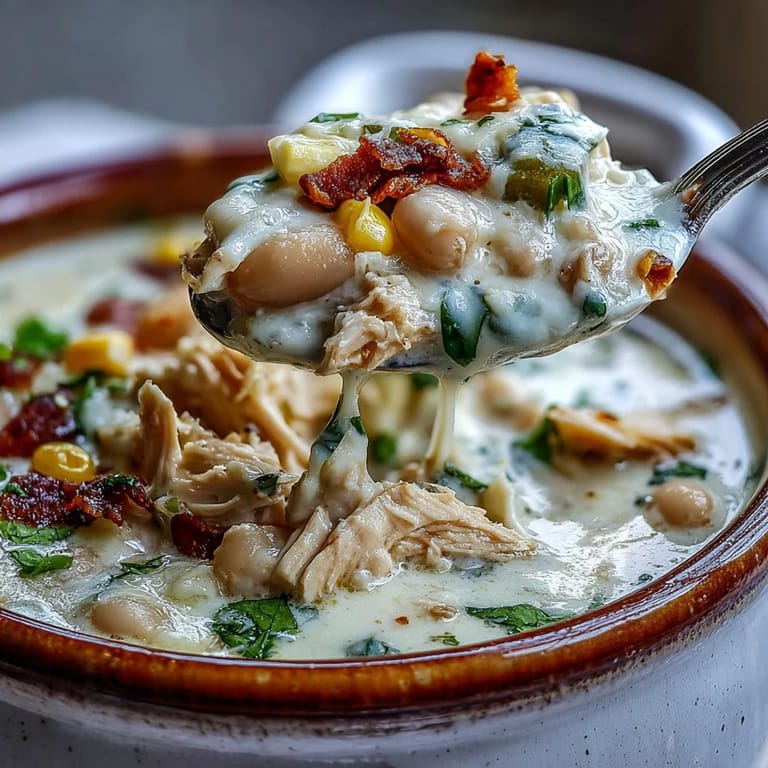 Hearty White Chicken Chili in a rustic bowl, garnished with green onions and Monterey Jack cheese.