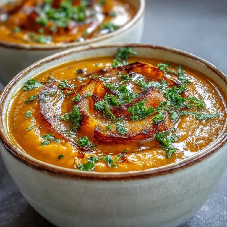 Creamy butternut squash and lentil soup in a rustic bowl with a swirl of olive oil and warm spices.