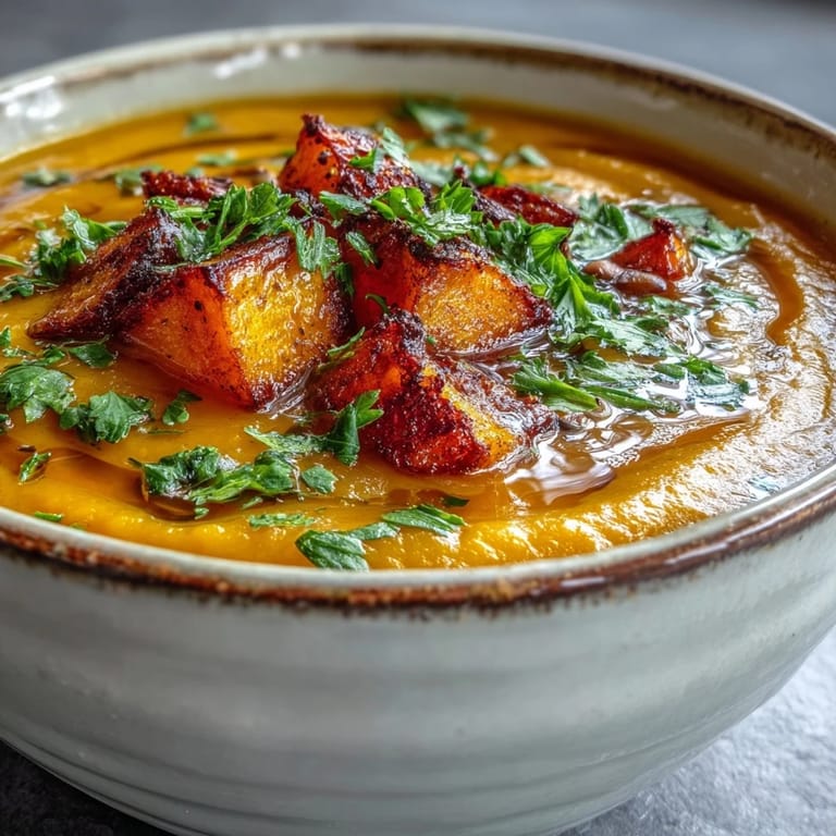 Hearty bowl of vegan butternut squash and lentil soup served alongside warm crusty bread for dipping.