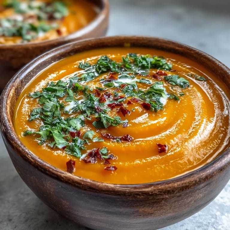Smooth, vibrant orange Carrot, Celeriac and Chilli Soup served hot in a rustic ceramic bowl.
