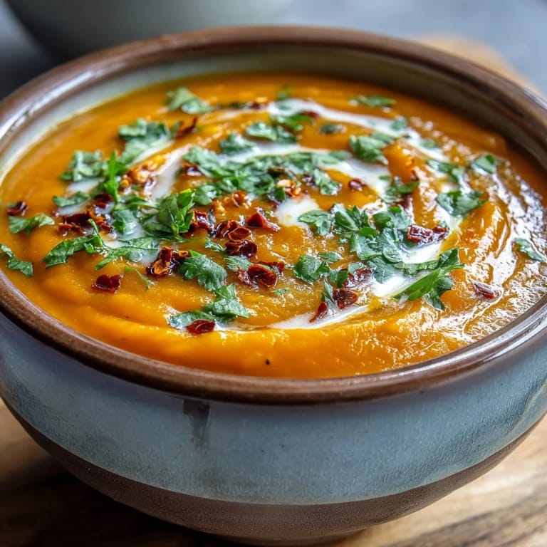 Spiced Carrot, Celeriac and Chilli Soup ladled from a pot, showcasing its velvety texture and warmth.