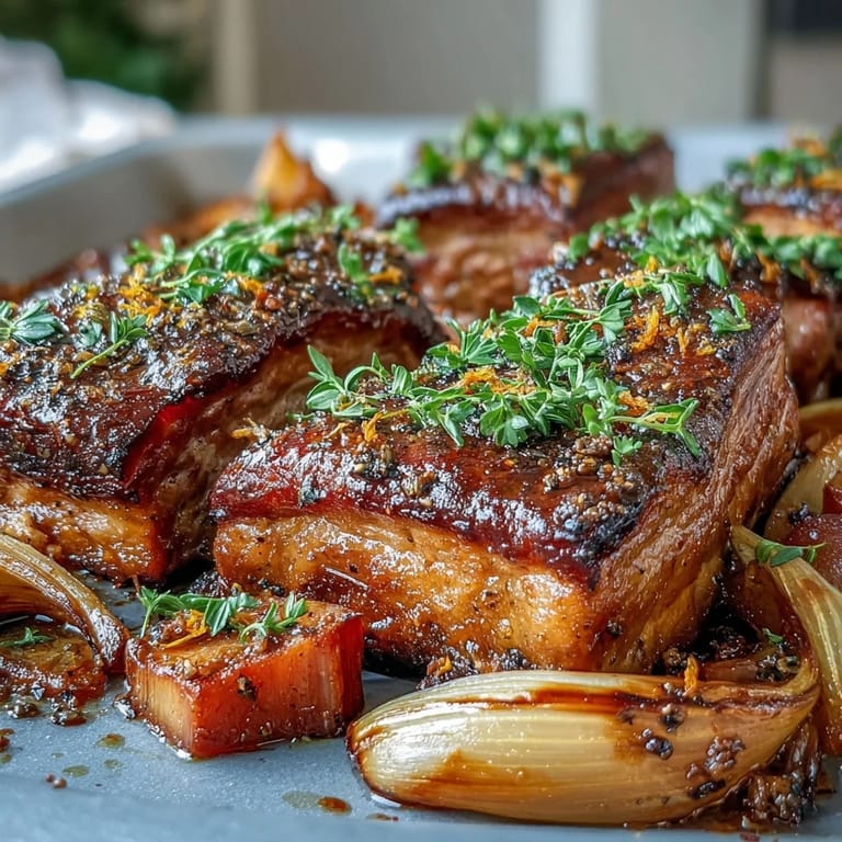 Golden roasted pork and aromatic rhubarb traybake on a platter, ready to serve for a family dinner.