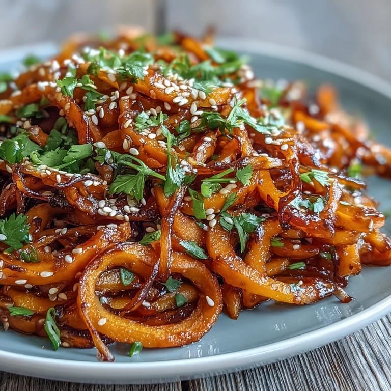 Gochujang swede noodles glistening with a savory sauce, sprinkled with sesame seeds.