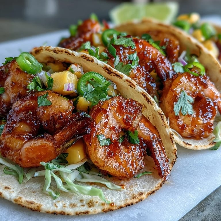 Spicy sriracha shrimp tacos with sweet mango salsa and fresh cilantro, served with lime wedges for squeezing.