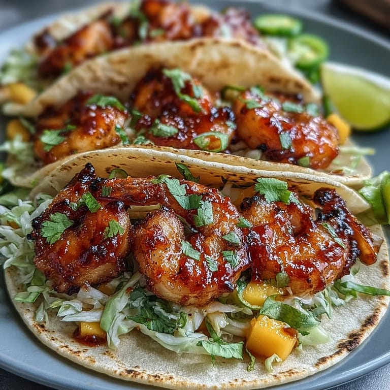 A close-up of loaded fusion tacos featuring juicy sriracha shrimp, zesty mango salsa, and crunchy red cabbage.